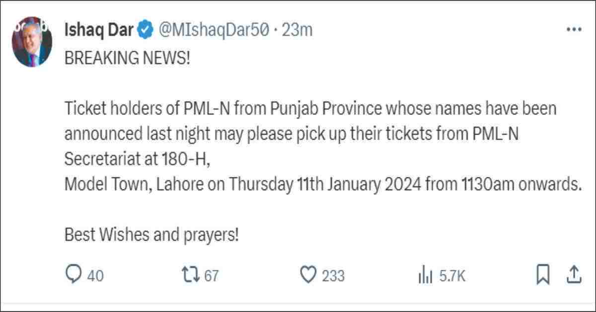 Ishaq Dar announces Party Tickets for Election 2024